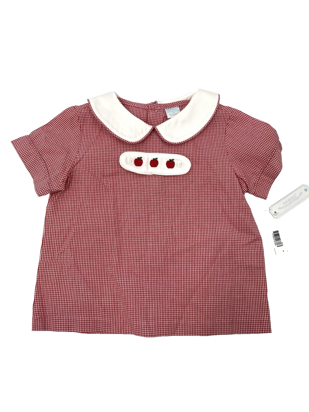Edgehill Collection Kids Red Gingham Embroidered Apples Pan Collar Size 3T Top